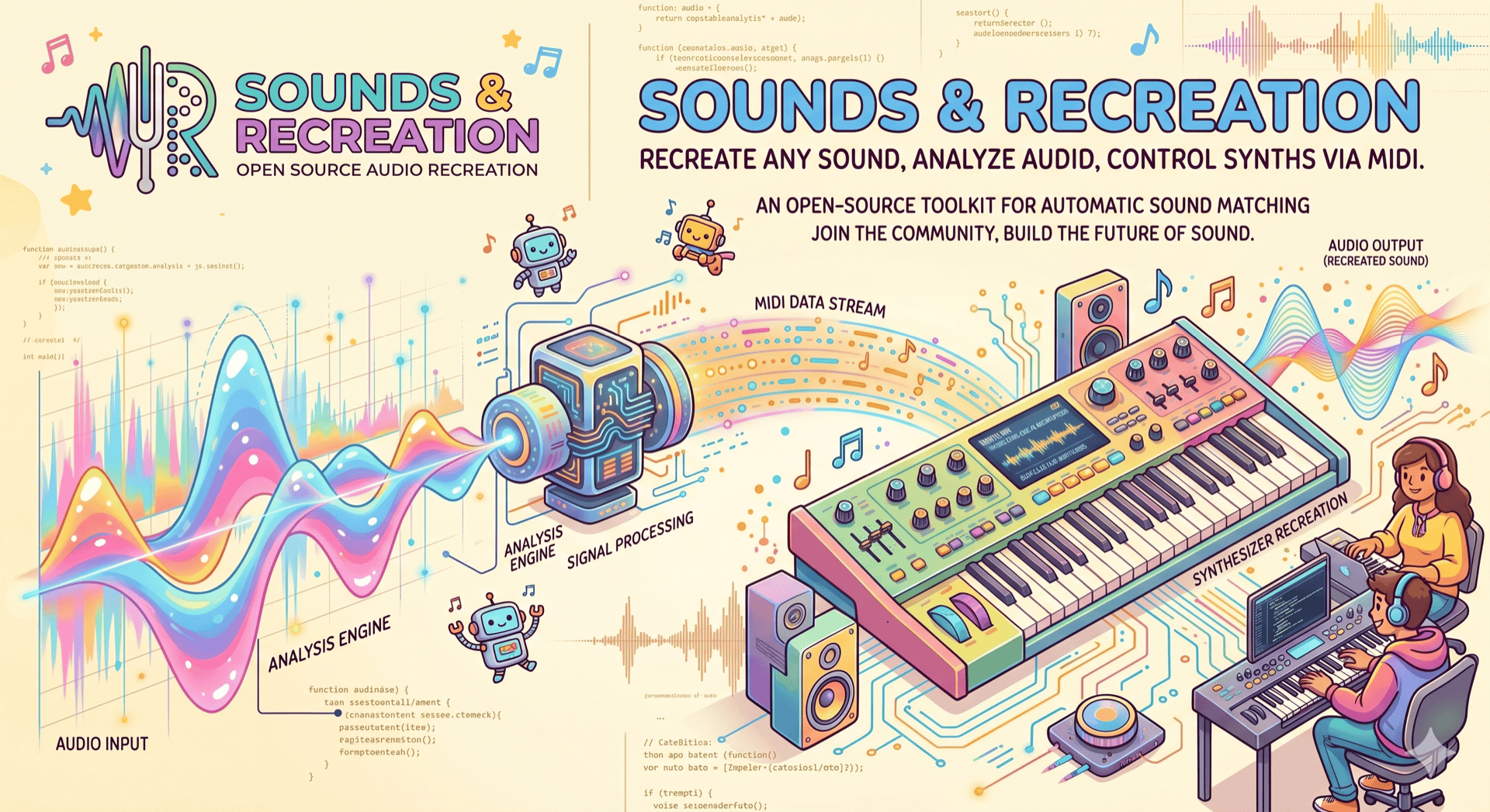 Pipeline illustration: audio flows through an analysis engine and a MIDI data stream into a synthesizer, producing a recreated sound.